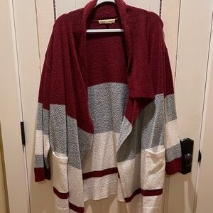Cozy Striped Cardigan in rust , Gray, and Cream